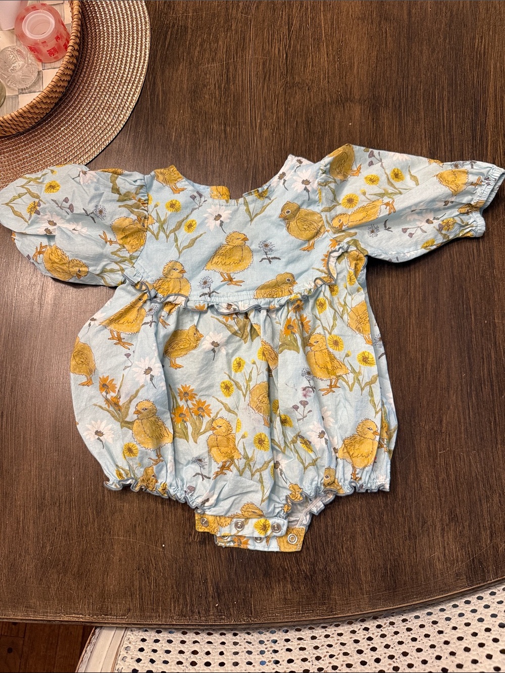 Pink Chicken Light Blue Romper with Yellow Chick & Floral Print